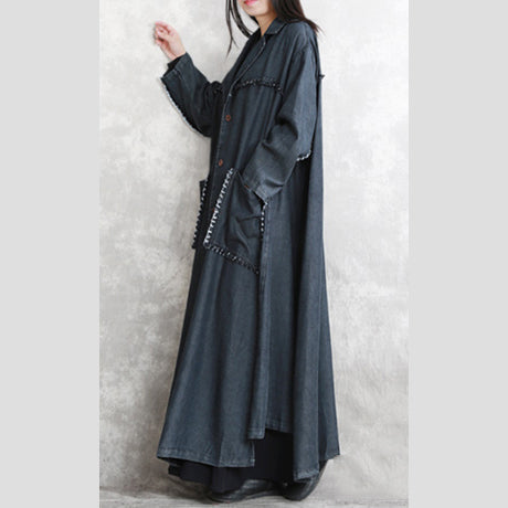 Black Winter Coat Oversized Notched Pockets Long Sleeve Denim Patchwork Long Coats