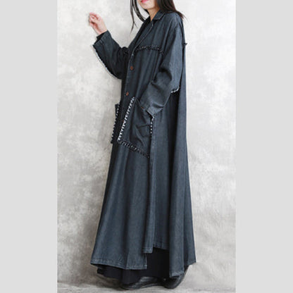 Black Winter Coat Oversized Notched Pockets Long Sleeve Denim Patchwork Long Coats