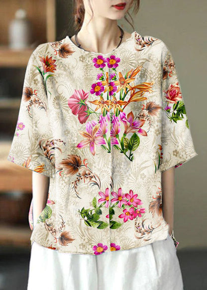 Natural Black O-neck Embroidered Summer Ramie Blouses Half Sleeve