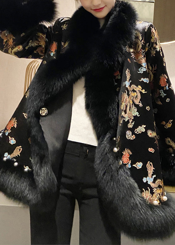 Chinese Style Beige Fox Collar Print Nail Bead Leather and Fur Coats Winter