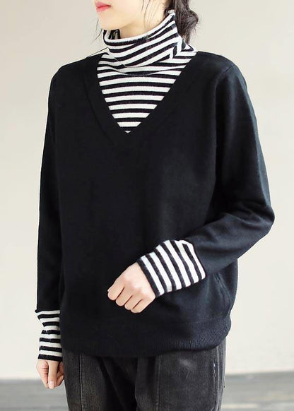 Winter Black Sweaters Loose Fitting Patchwork High Neck Knit Tops