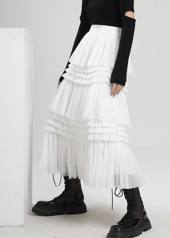 Fine White Asymmetrical Wrinkled Tulle Skirts Spring