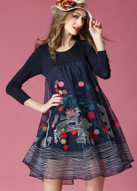 Navy Embroideried Patchwork Organza Holiday Dress Spring