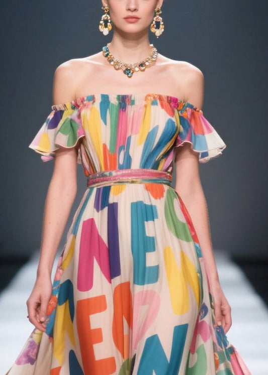 Cold Shoulder Letter Print Chiffon Beach Dresses Summer