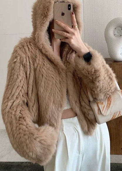 Coffee Hooded Color Rabbit Hair Knit Jacket Winter