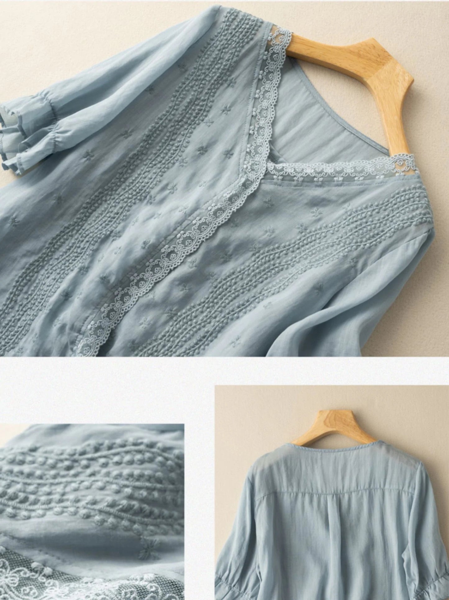 Embroidered V Neck Ruffled Short Sleeve Linen Top