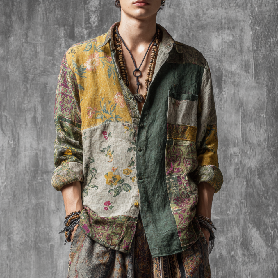 Western Style Bohemian Plant Flower Pattern Color Block Patchwork Retro Cotton And Linen Men's Shirt elevenforest