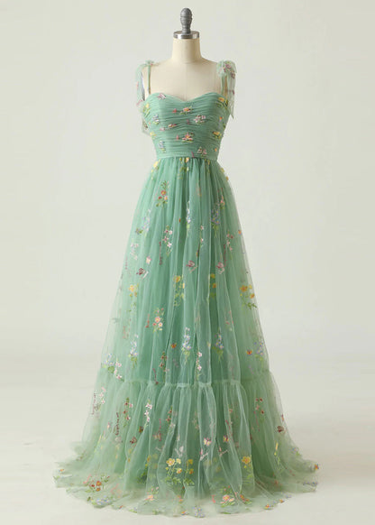 Fine Green Embroidered Wrinkled Patchwork Tulle Dresses Summer