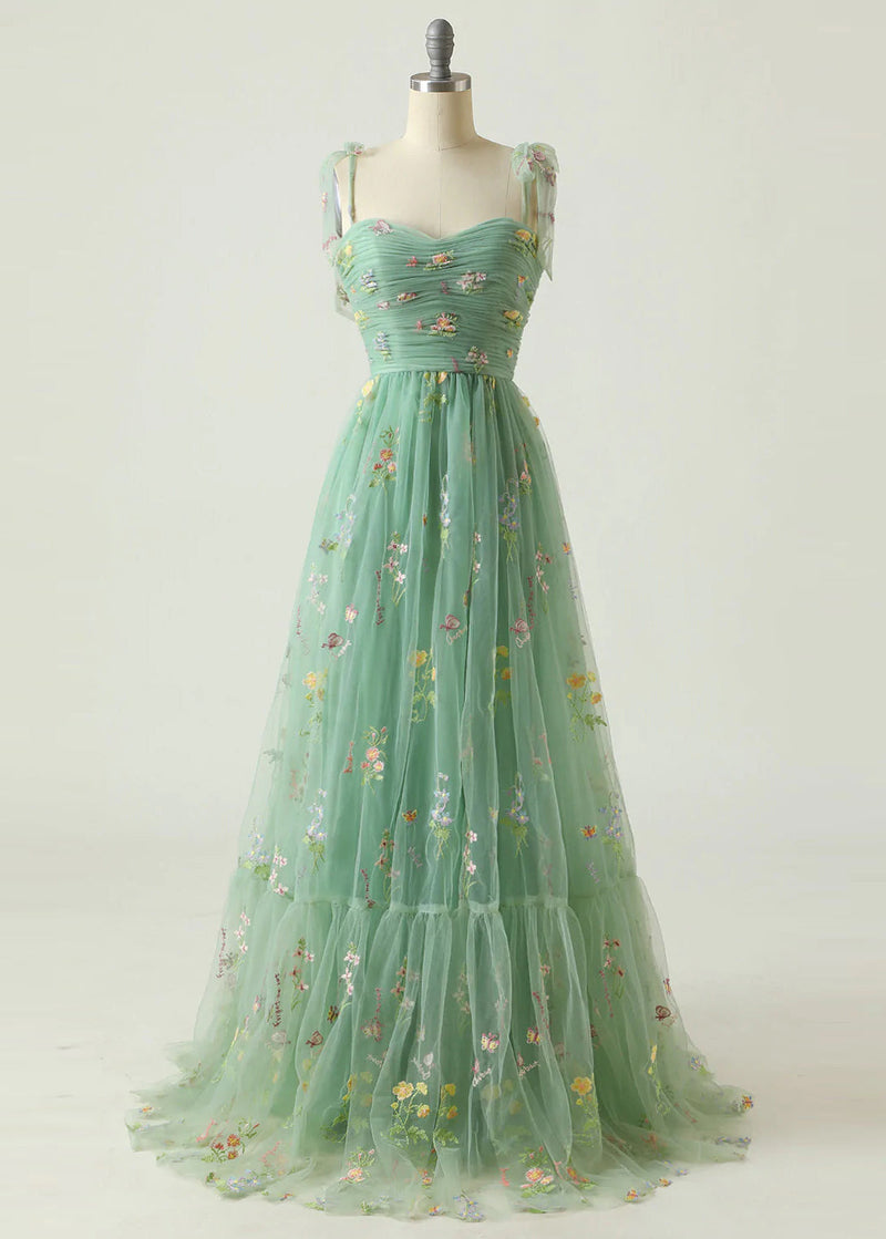 Fine Green Embroidered Wrinkled Patchwork Tulle Dresses Summer