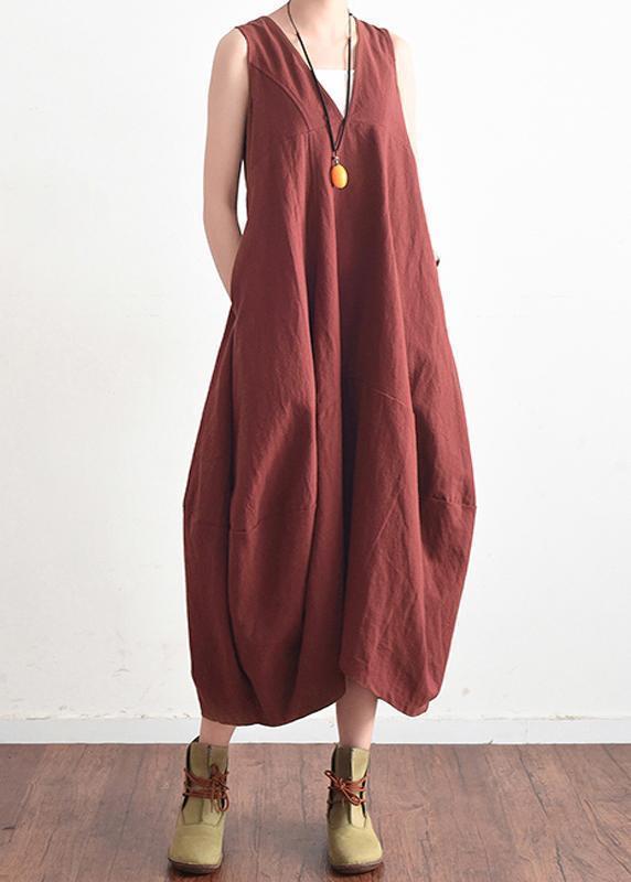 Summer V Neck Cotton Linen Long Dress Baggy Lace Up Backless