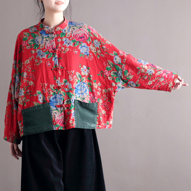 Blouse Stand Collar Large Flower Long-sleeved Jacket