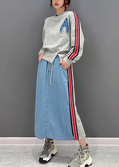 Grey O-neck Patchwork Pullover and Skirts Two Piece Suit Set Fall