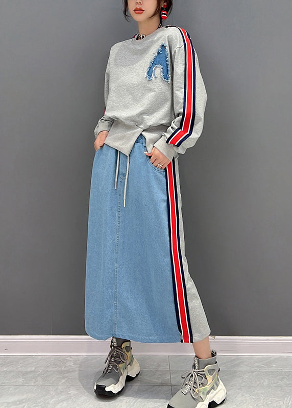 Grey O-neck Patchwork Pullover and Skirts Two Piece Suit Set Fall