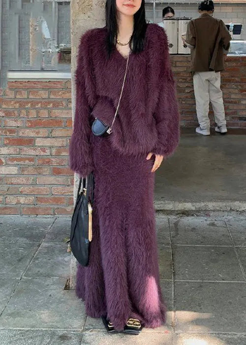 Loose Purple O-neck Tops and Skirts Mink Velvet Two Pieces Set Spring