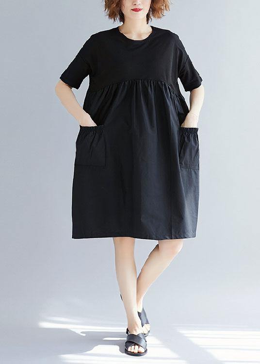 Black Cotton Blended O Neck Pockets Loose Summer Dresses