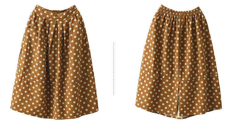 Printed Cotton and Linen Slim Elastic Waist A-line Skirt