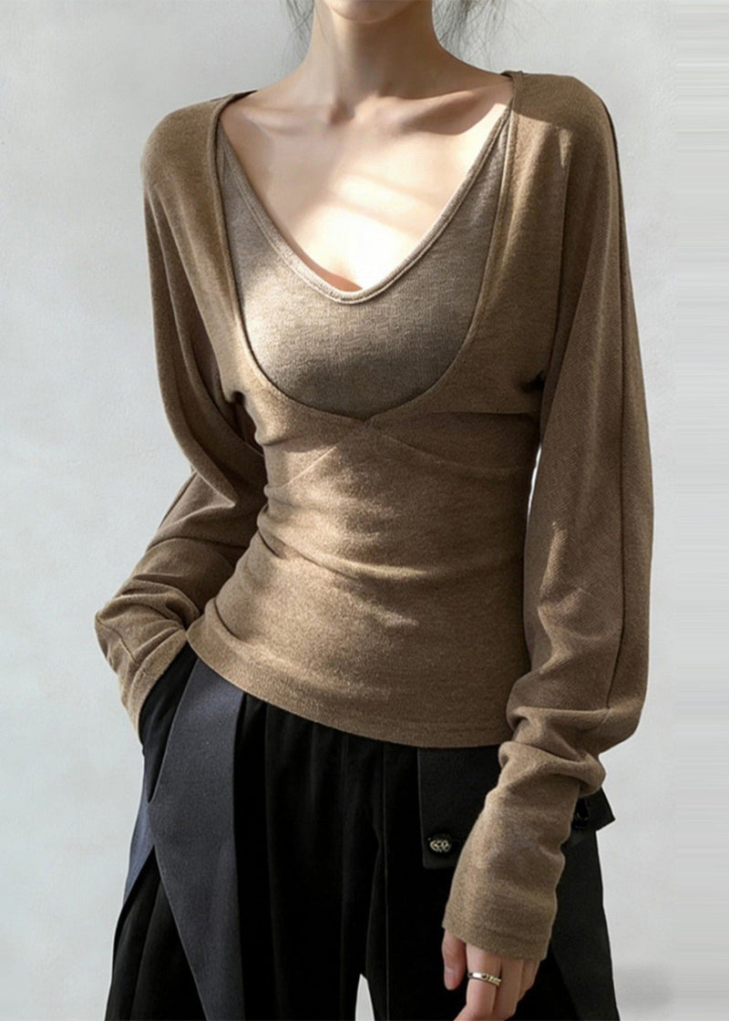 Khaki V Neck Patchwork Cotton Shirt Tops Spring