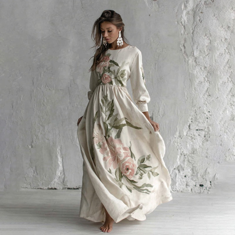Women's Rose Printed Art V-neck Long Sleeve Maxi Dress