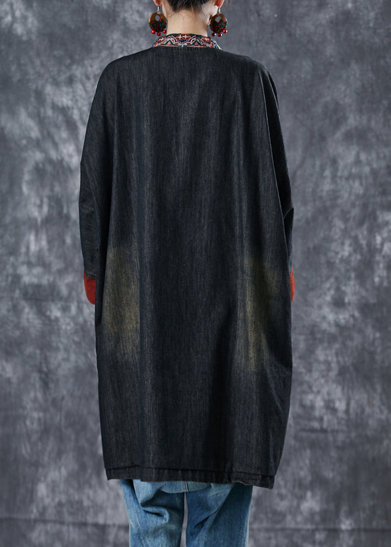 Black Embroidered Patchwork Denim Coats Spring
