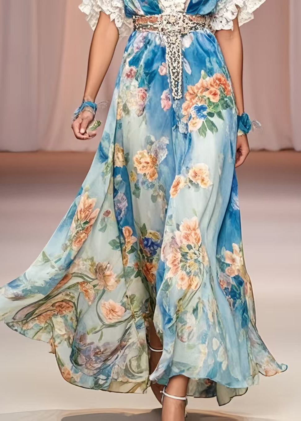 Blue Cinched Print Chiffon Maxi Dress Summer