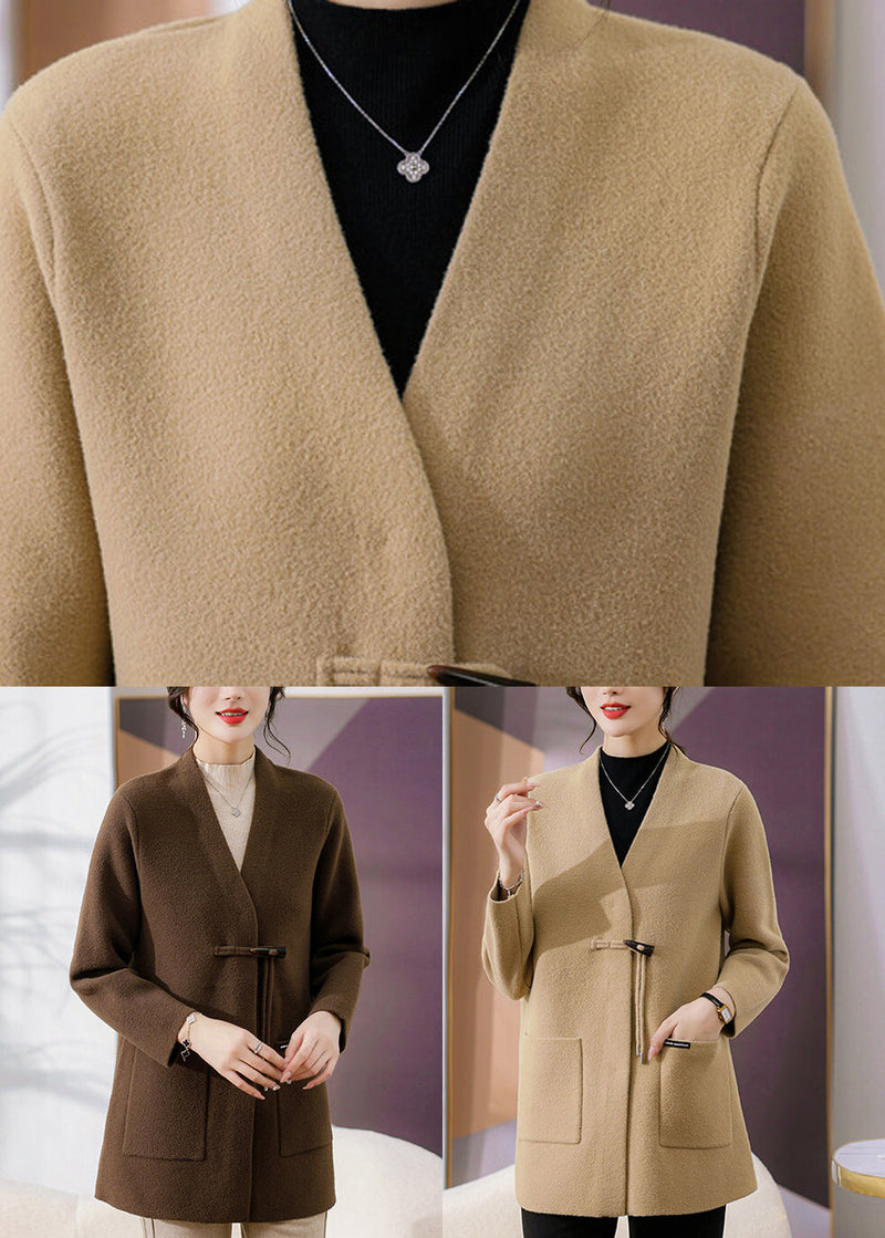 Coffee V Neck Pockets Woolen Coats Spring