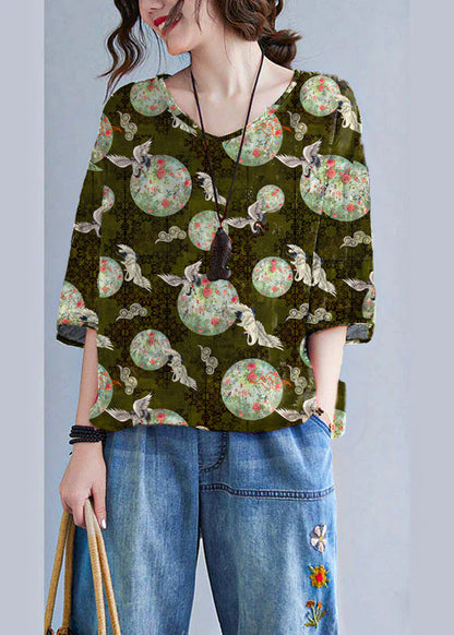 Print V Neck Patchwork Loose Drawstring Fall Blouses Half Sleeve
