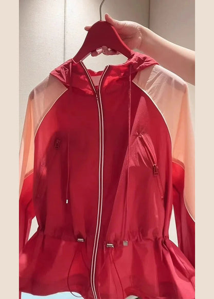 New Red Hooded Zippered Drawstring Patchwork Cotton Coats Summer