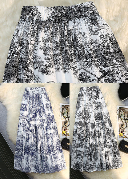 Season New Elastic Waist Retro Blue Print Ruffled Big Swing Skirt