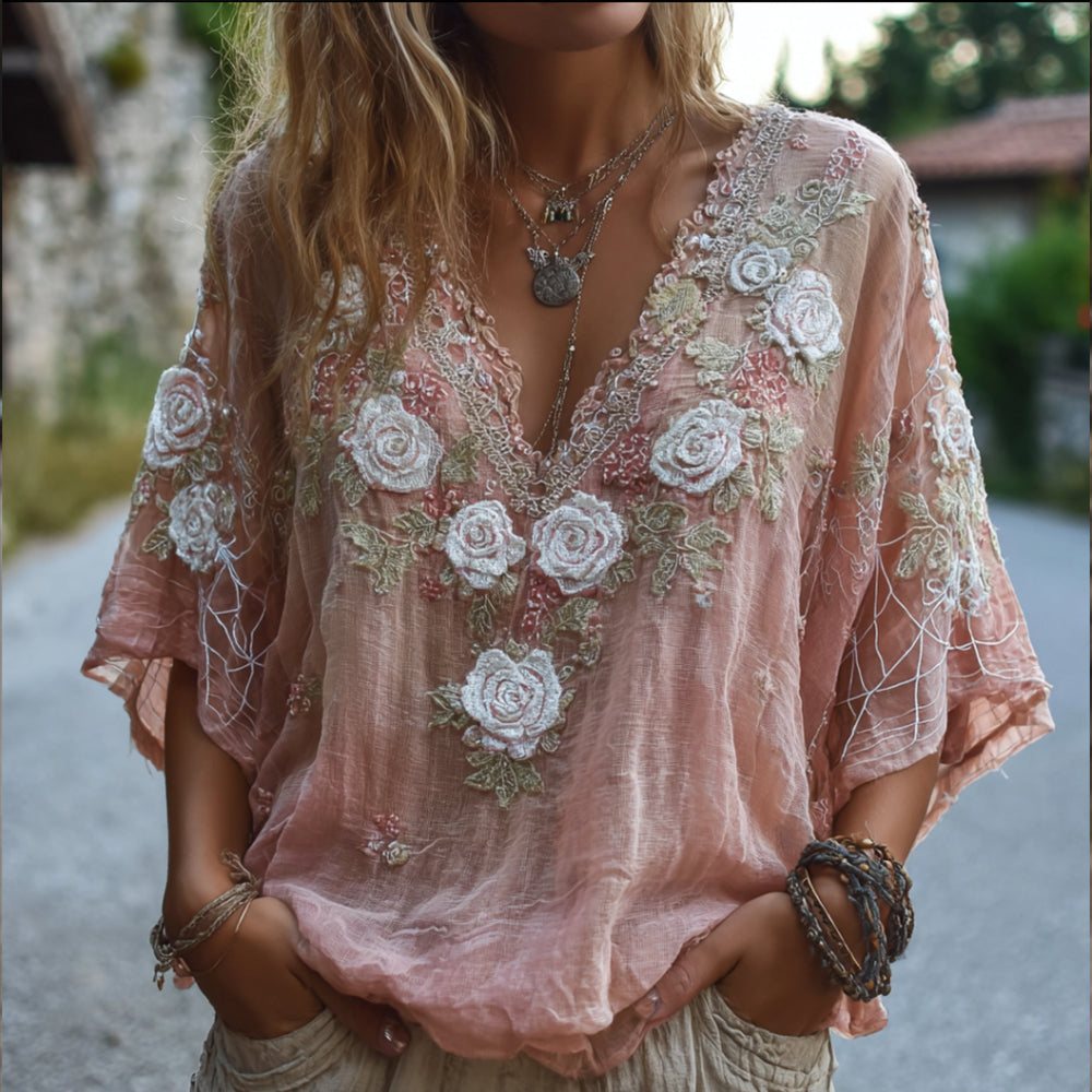 Women's Three-dimensional Flower Romantic Pink Vintage Casual Short-sleeved Shirt elevenforest