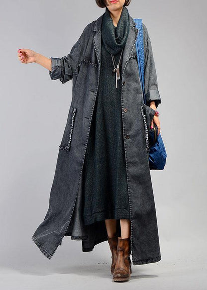 New Maxi Coat Fall Denim Black Notched Large Pockets Coat for Woman