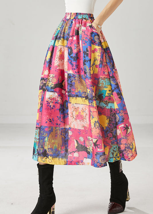 French Red Elastic Waist Print Cotton a Line Skirts Spring