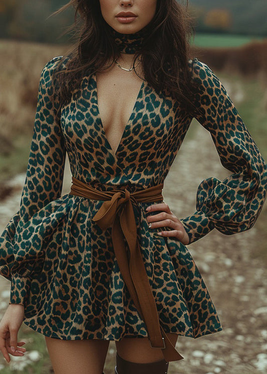 Green Leopard V Neck Print Cotton Mini Dress Lantern Sleeve