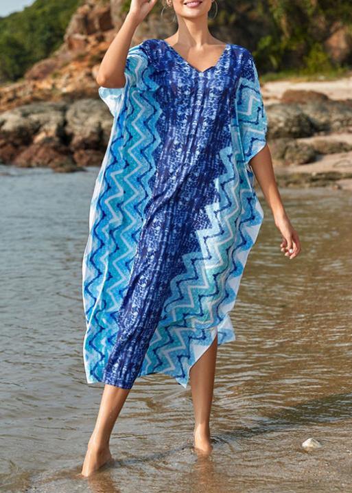Handmade Blue Print V Neck Beach Gown Summer Maxi Dresses