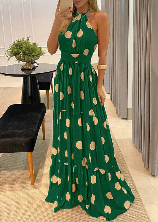 Green Dot Print Halter Backless Maxi Dress Sleeveless