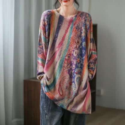 Retro Literary Print Mid-length Irregular Knitted Sweater