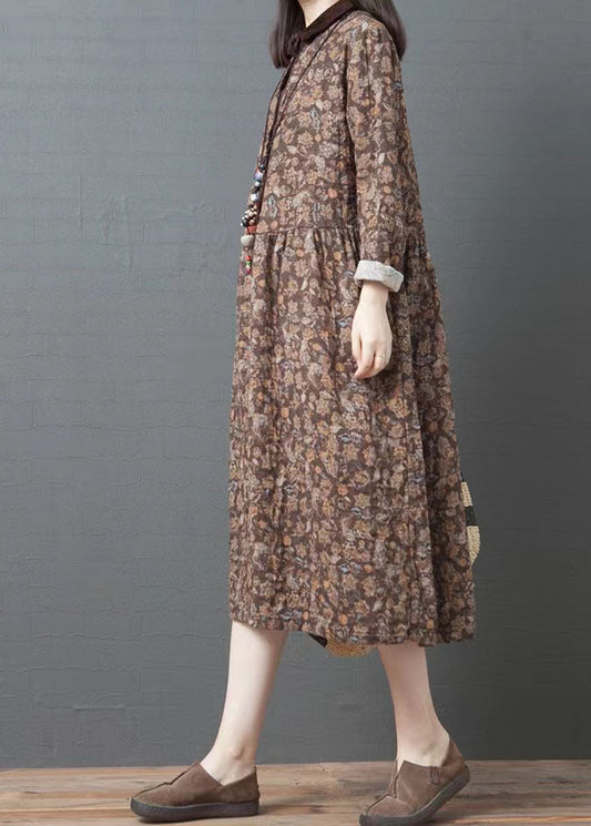 Organic Lapel Pockets Cotton Clothes Coffee Print Art Dresses