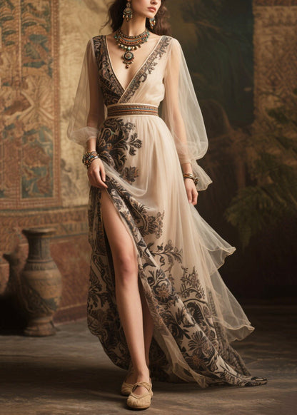 Beige Print Exra Large Hem Chiffon Holiday Dress Summer