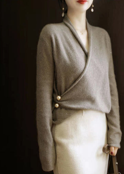 Modern Chocolate V Neck Thick Cashmere Knitted Sweater Tops Long Sleeve