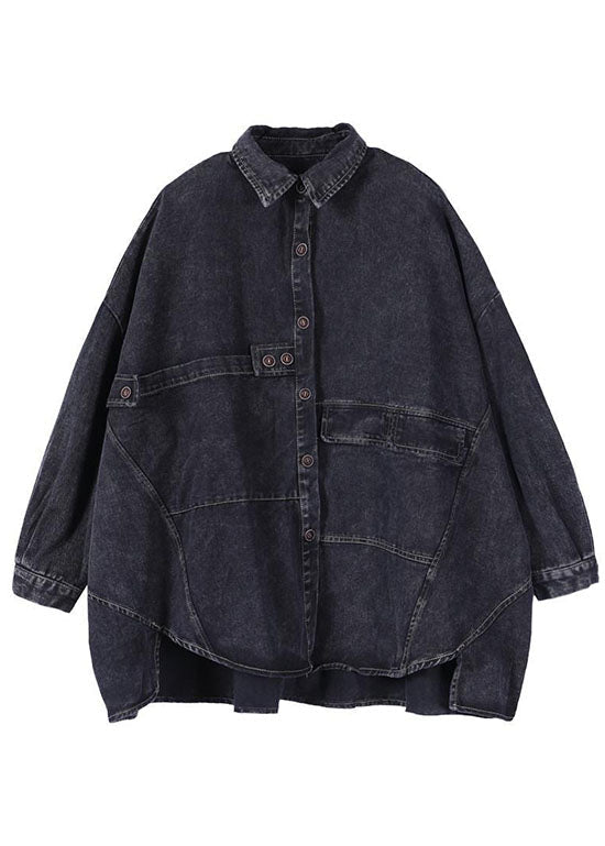 Black Loose Button Patchwork Asymmetrical Design Fall Denim Long Sleeve Blouse Tops