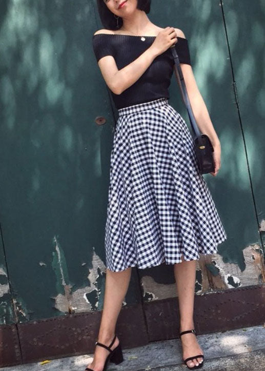 Black White Plaid High Waist Cotton a Line Skirts Spring