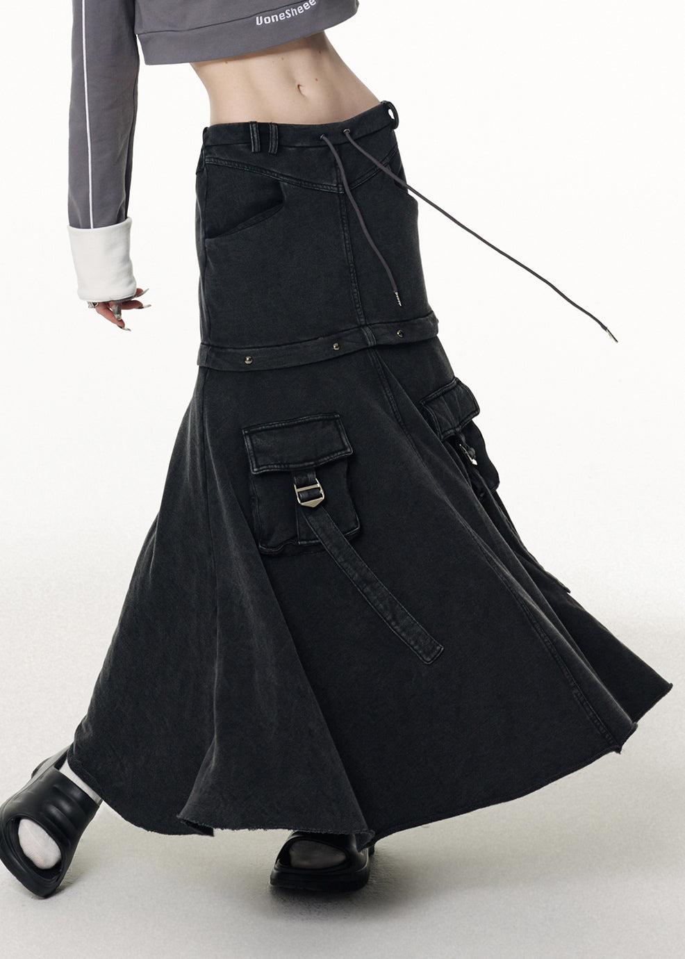 Diy Grey Patchwork Elastic Waist Drawstring Denim Maxi Skirts Fall