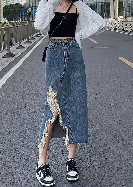 Denim Blue Asymmetrical Patchwork Pockets a Line Skirt