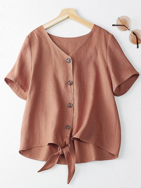 Color V Neck Short Sleeve Buttoned Linen Shirt Top