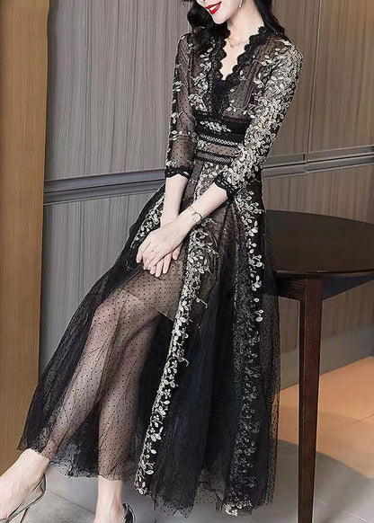 Black Embroidered Lace Patchwork Tulle Dresses Summer