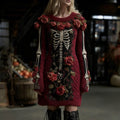 Women's Vintage Halloween Skull With Rose Art Cozy Knit Mini Sweater Dress elevenforest