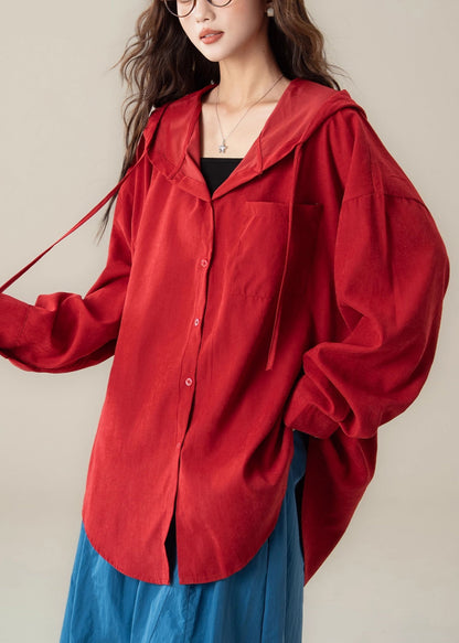 Red Hooded Button Cotton Shirt Spring