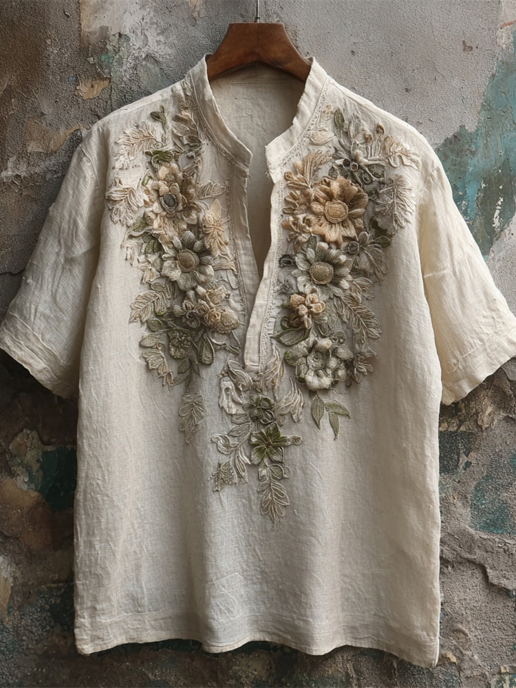 Vintage 3d Floral Art Men's Linen V-neck Shirt elevenforest