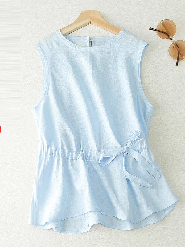Pure Color Crew Neck Drawstring Linen Vest Top