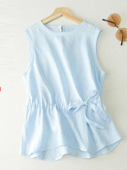 Pure Color Crew Neck Drawstring Linen Vest Top