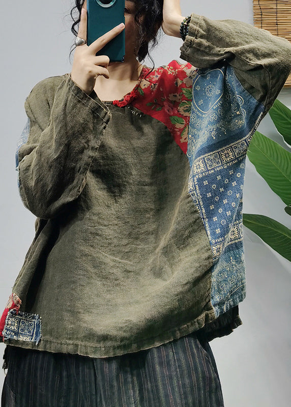 Green Print Linen Shirt Tops O-neck Button Long Sleeve